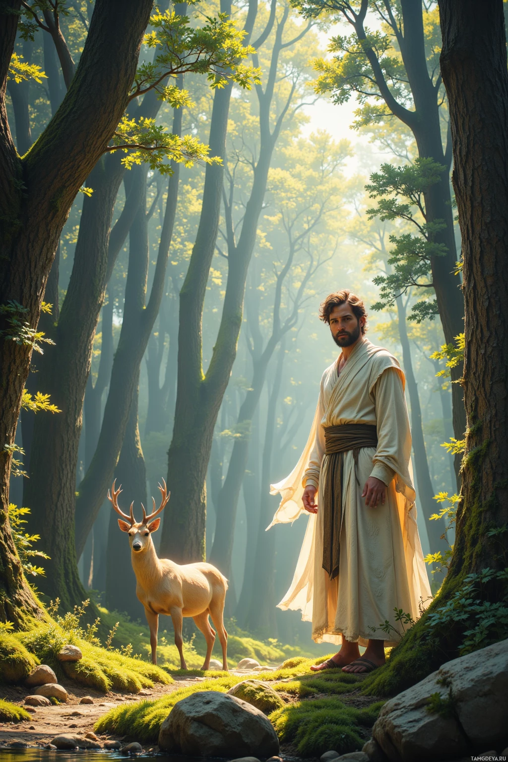 Realistic high quality photo. A 29‑year‑old man with light brown hair, short beard, piercing green eyes, in flowing white robes with subtle mystical patterns, stands in a sunlit forest clearing, tracing a stag silhouette across the mossy ground, ancient trees towering around, faint shimmering threads of unseen reality weaving through the air, daytime.