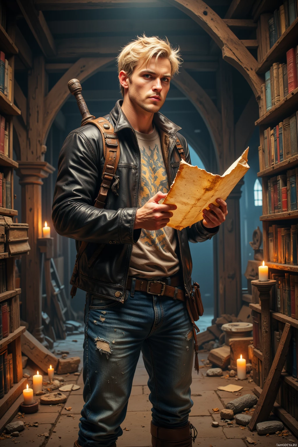 Realistic high quality photo. A 29‑year‑old light‑skinned man with messy blonde hair, bright blue eyes, wearing a worn fantasy‑style leather jacket over a faded band tee, jeans tucked into scuffed brown boots, a battered foam sword strapped across his back, standing in a dusty attic filled with old 1989 dungeon guide books, turning a brittle parchment with a serious, contemplative gaze as candlelight flickers on the walls, an atmosphere of quiet mystery.