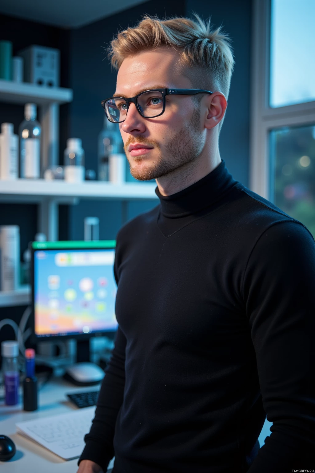 Realistic high quality photo. A 32‑year‑old man with short blonde hair, blue eyes, pale skin, sharp jawline, wearing a slim black turtleneck and smart glasses, stands in a modern lab at dusk with evening light filtering through his desk, focused on an OLED screen set to a precise color temperature that shows a subtle gradient of pixel patterns, surrounded by humming lab equipment, exuding a calm, analytical aura.