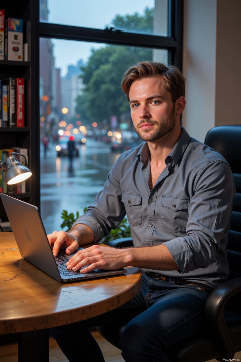 Realistic high quality photo. Man, 38, light brown hair, blue eyes, fair skin, strong jawline, wearing a casual button‑up shirt and dark jeans, sits at a cracked walnut desk in a quiet home office, fingers hovering over a laptop keyboard, with a view of rain‑slick city streets and passing traffic outside the window at dusk.