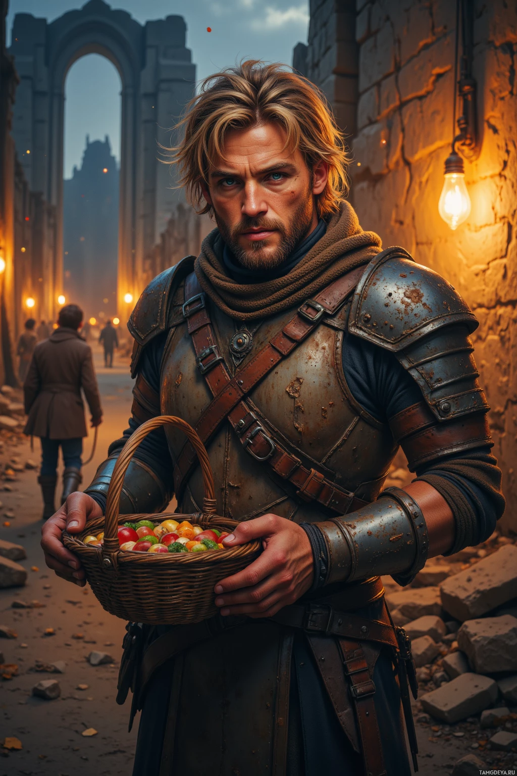 Realistic high quality photo. Rugged 34‑year‑old man with messy blonde hair, blue eyes, scruffy beard, wearing worn leather armor, stands in a ruined settlement at dusk, handing a basket of salvaged food to children drawing on a cracked wall illuminated by flickering lanterns, a scar on his cheek glinting in the firelight, air thick with burnt oil and fresh earth.