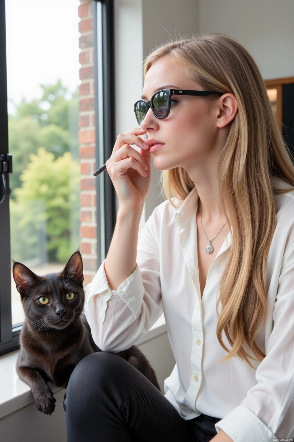Realistic high quality photo. A 28‑year‑old influencer with long blonde hair, bright blue eyes, pale skin, sharp cheekbones, wearing a white blouse, black pants, a silver necklace and sunglasses, applies glitter eyeliner while a sleek black cat intently gazes at her from a minimalist living room with a large window reflecting afternoon light, capturing a playful trend‑setting moment.