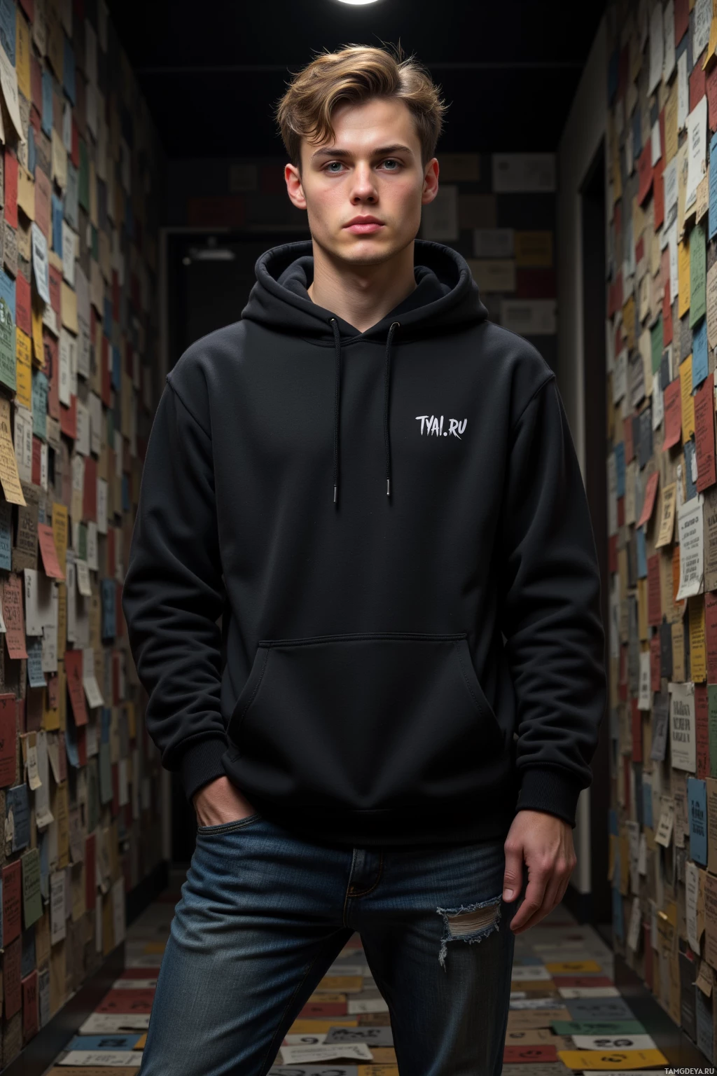 Человек в черной толстовке и джинсах стоит в коридоре, стены которого украшены разноцветными бумагами.