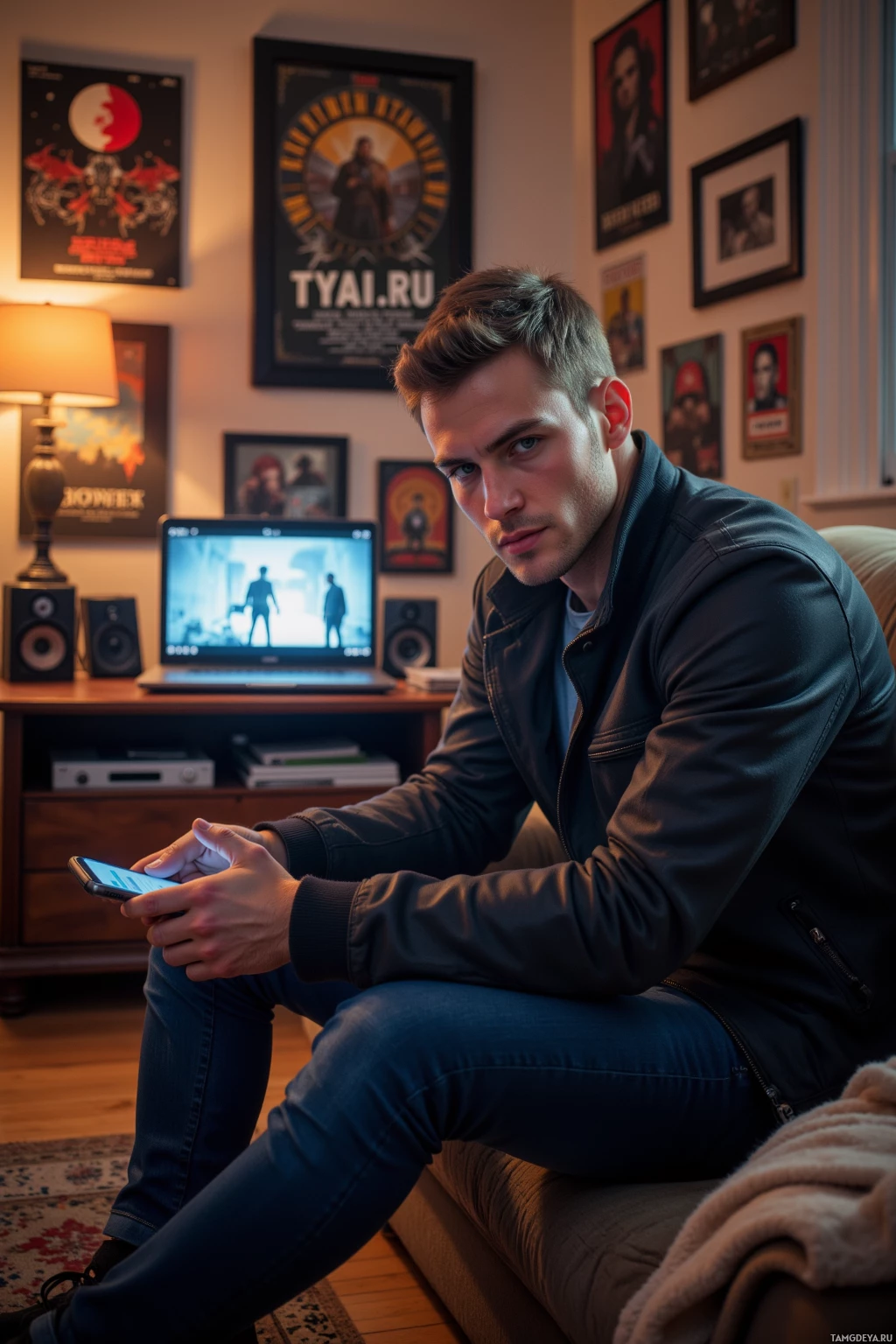 Мужчина сидит на диване в уютной комнате, держа в руках телефон и смотрит в камеру.