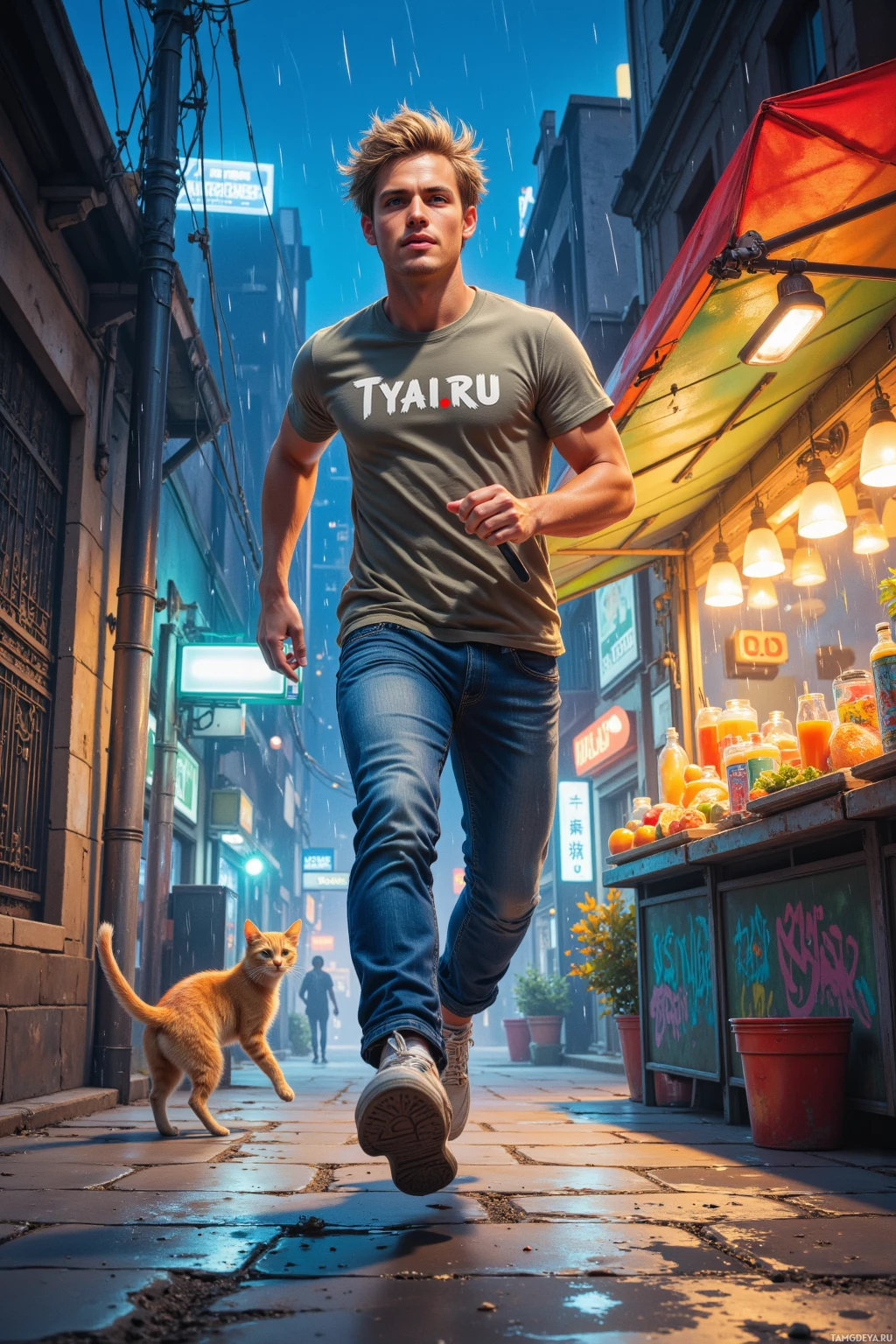 Мужчина проходит мимо лотка уличного торговца, на котором сидит кошка, в дождёмный вечер.
