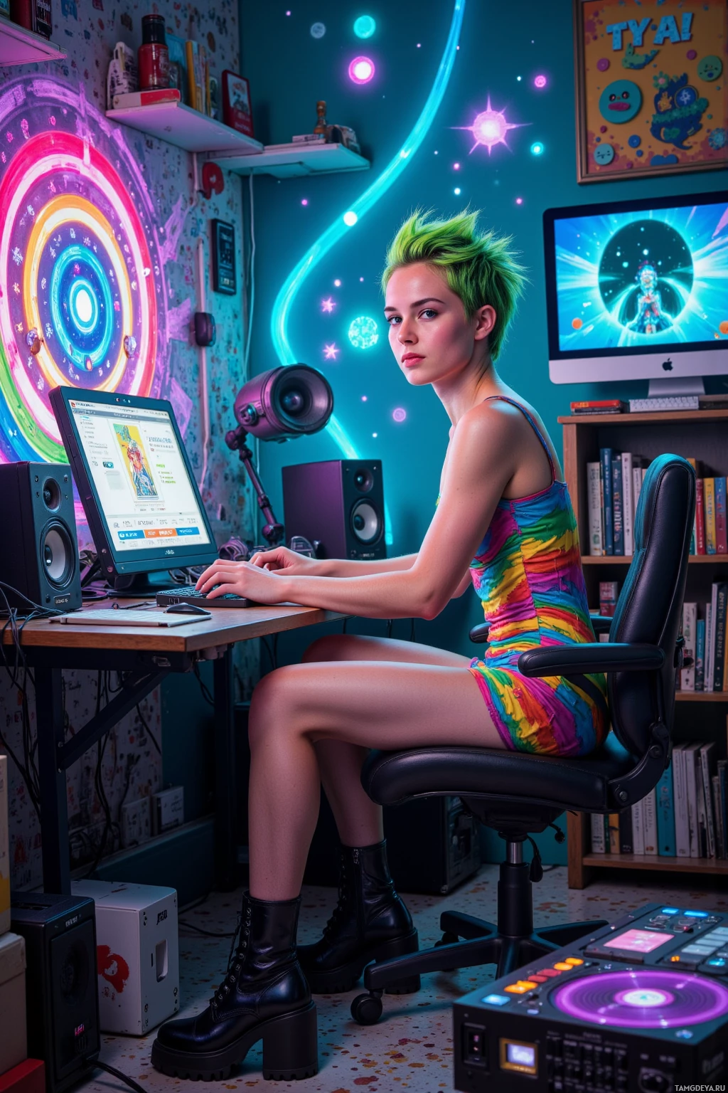 Realistic high quality photo. Female, 28, neon green spiky hair, blue eyes, wearing a multicolored psychedelic dress and platform boots, sits at a late‑night apartment studio cluttered with glowing cables and a glitchy projector, remixing an old mall ad into a bassline while swirling glitch spirals of animated light cascade around her, a rogue pixel hovering like a tiny god.