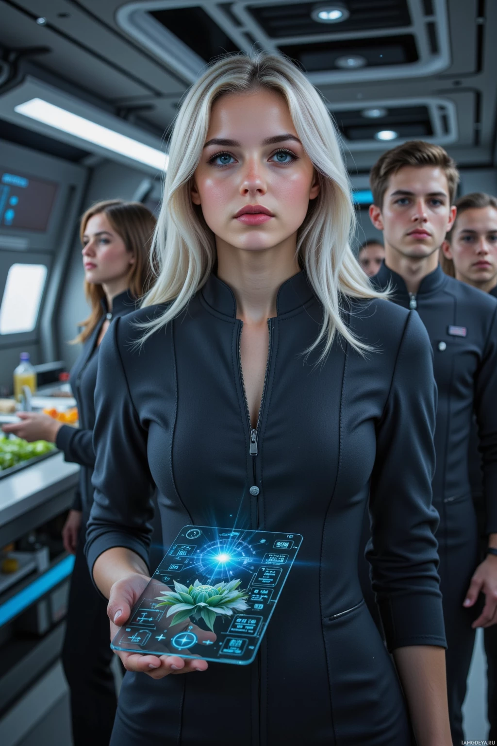 Realistic high quality photo. Female strategist, 25, with shimmering silver hair, piercing blue eyes, sharp features, pale skin, wearing a sleek tailored dark suit, standing in a futuristic cargo bay overseeing docking clamps settling into place, holographic data log projecting in front of her, crew members in subtle uniforms expressing quiet gratitude, a galley in the background glowing with a tray of ionized algae, the scene exudes confident precision under subdued ambient lighting.