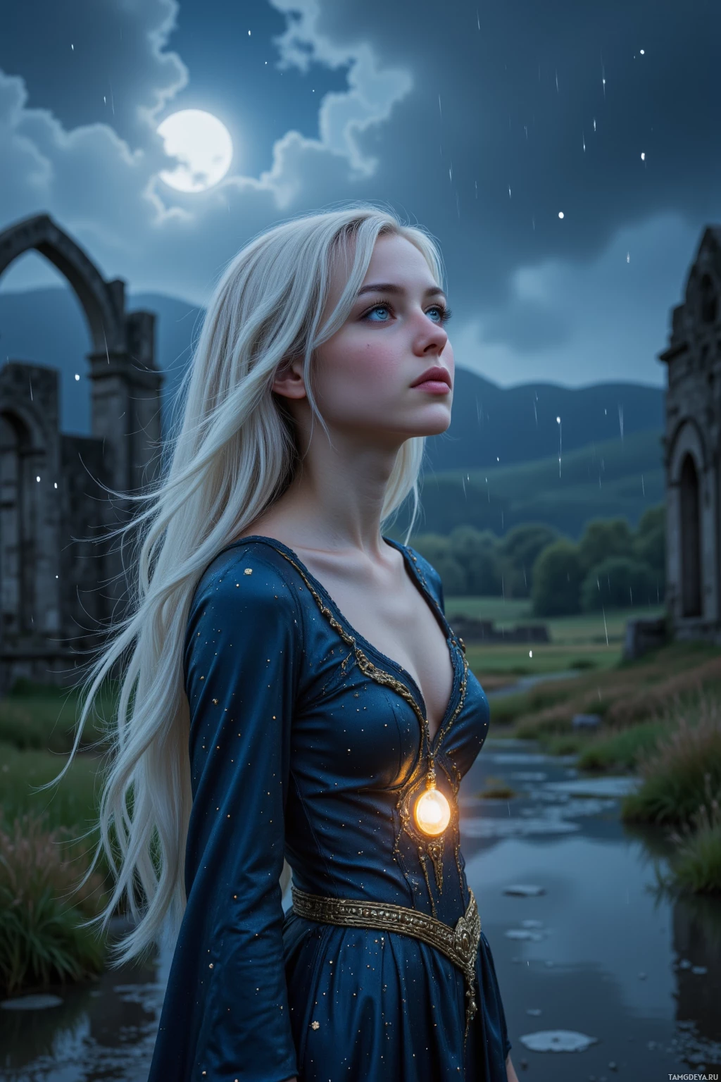 Женщина в голубом платье стоит у реки под лунным небом.