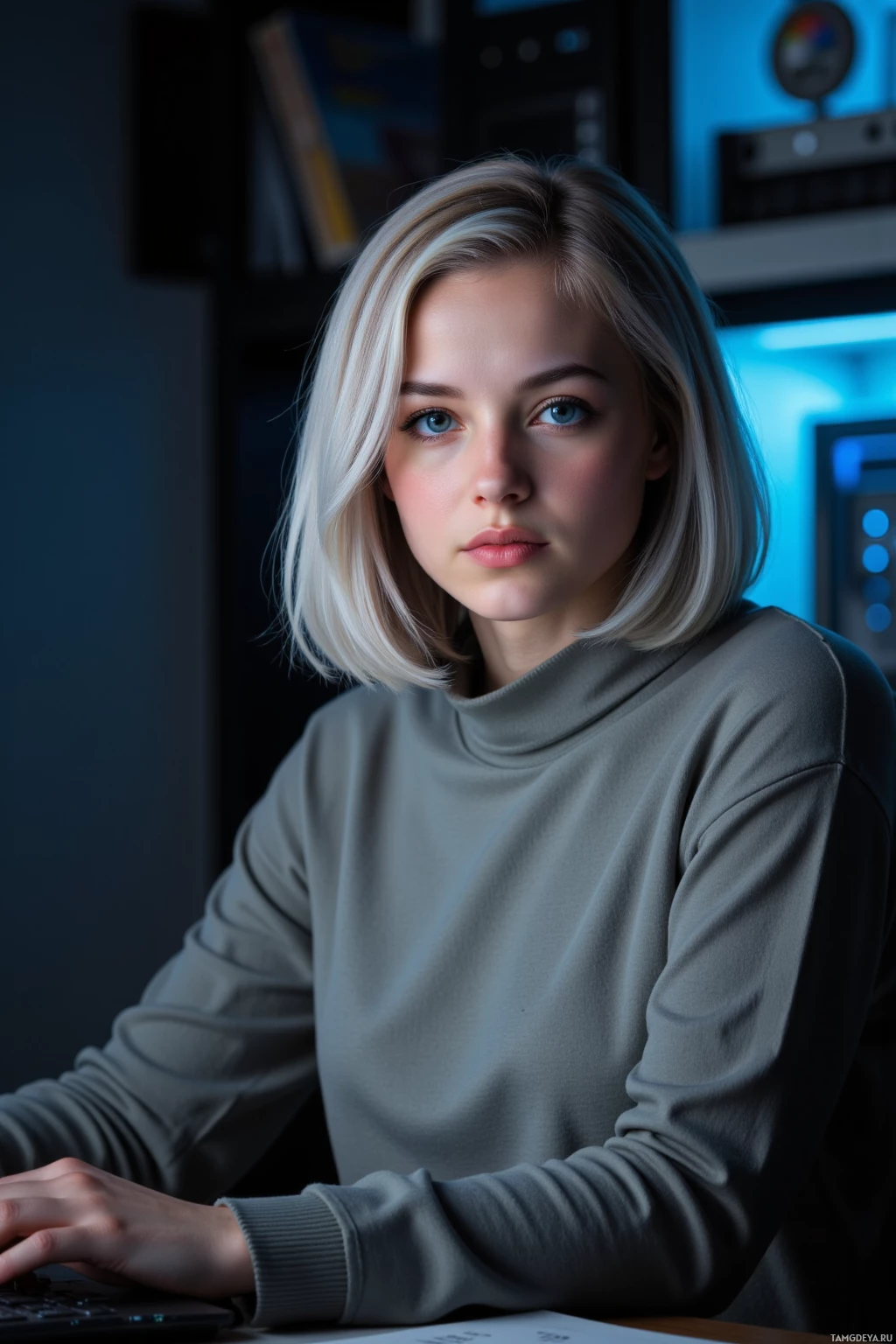 Человек с короткой светлой стрижкой сидит за столом с ноутбуком, одетый в серый водолазочный свитер.