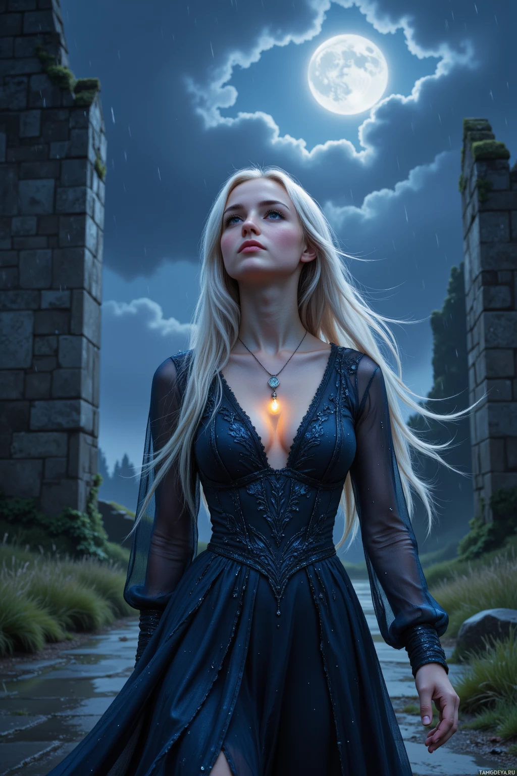 В темном, элегантном платье женщина стоит под лунным небом, где моросит дождь, на фоне каменных руин.