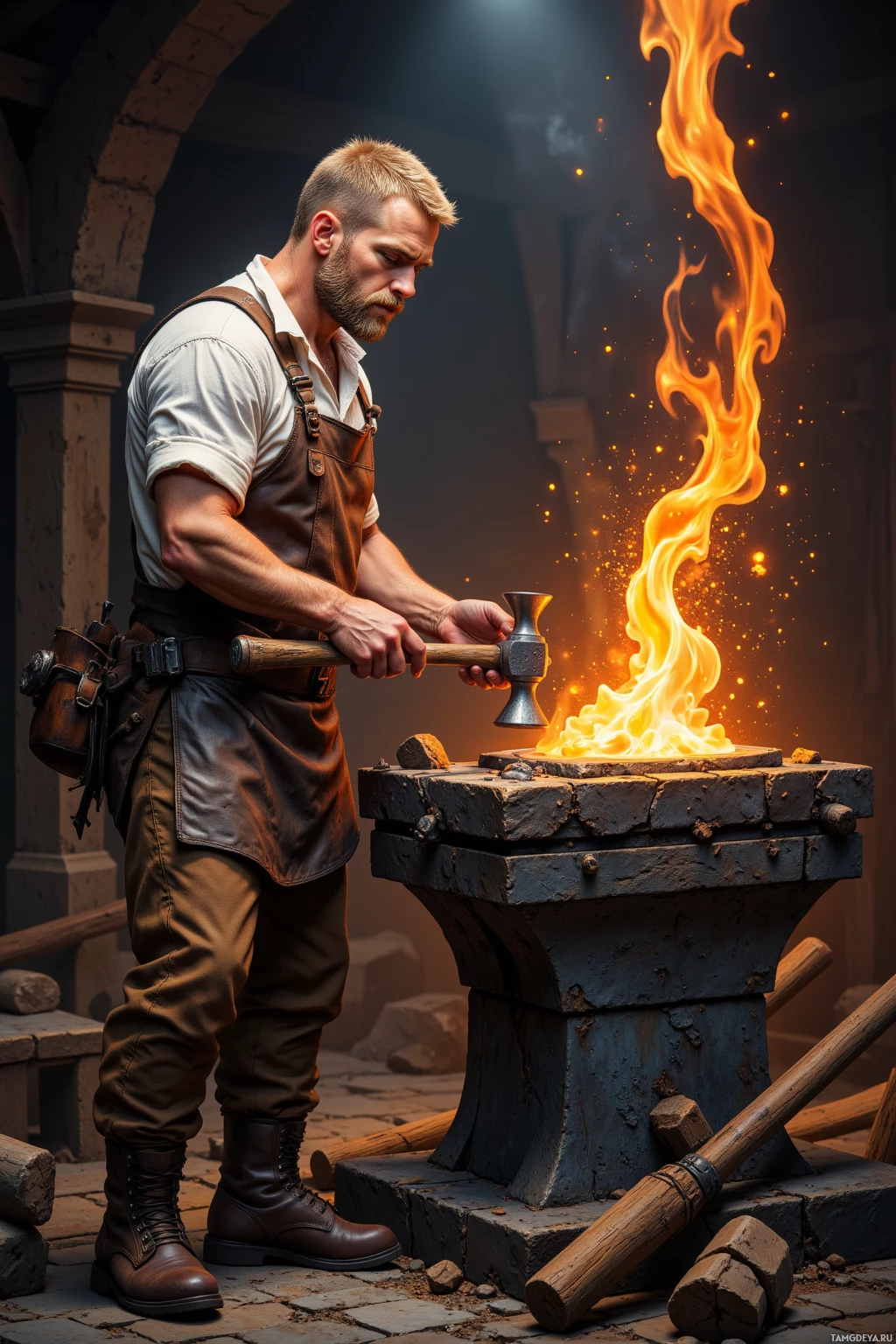 Realistic high quality photo. Rustforge, a rugged 35‑year‑old male metalworker with short‑cropped blonde hair, blue eyes, wearing a worn leather apron over a white shirt, brown trousers, and heavy work boots, methodically striking a hammer against a glowing anvil inside an ancient forge, molten steel pouring into a new shape while sparks fly around him.