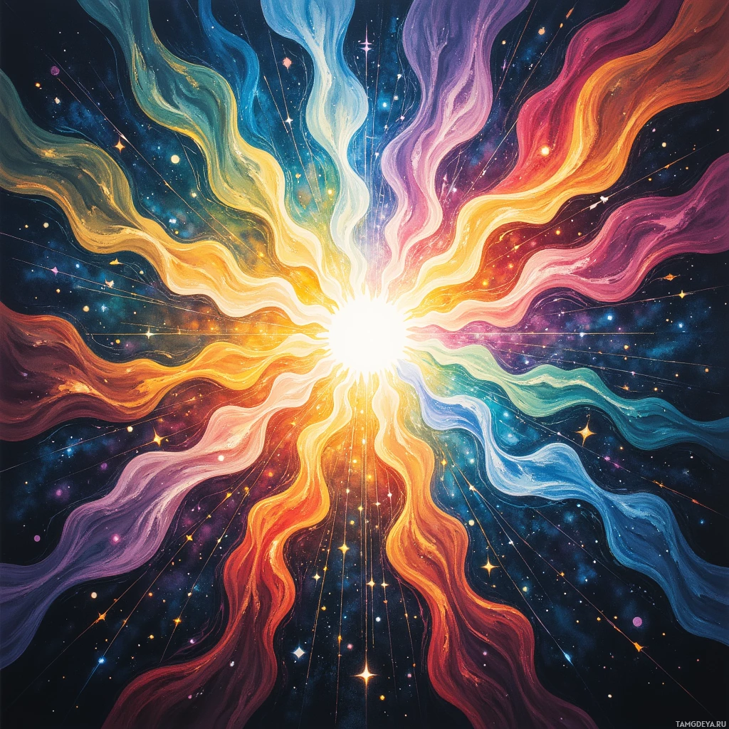 Яркий космический пейзаж с переливающимися красками и сиянием звезд.