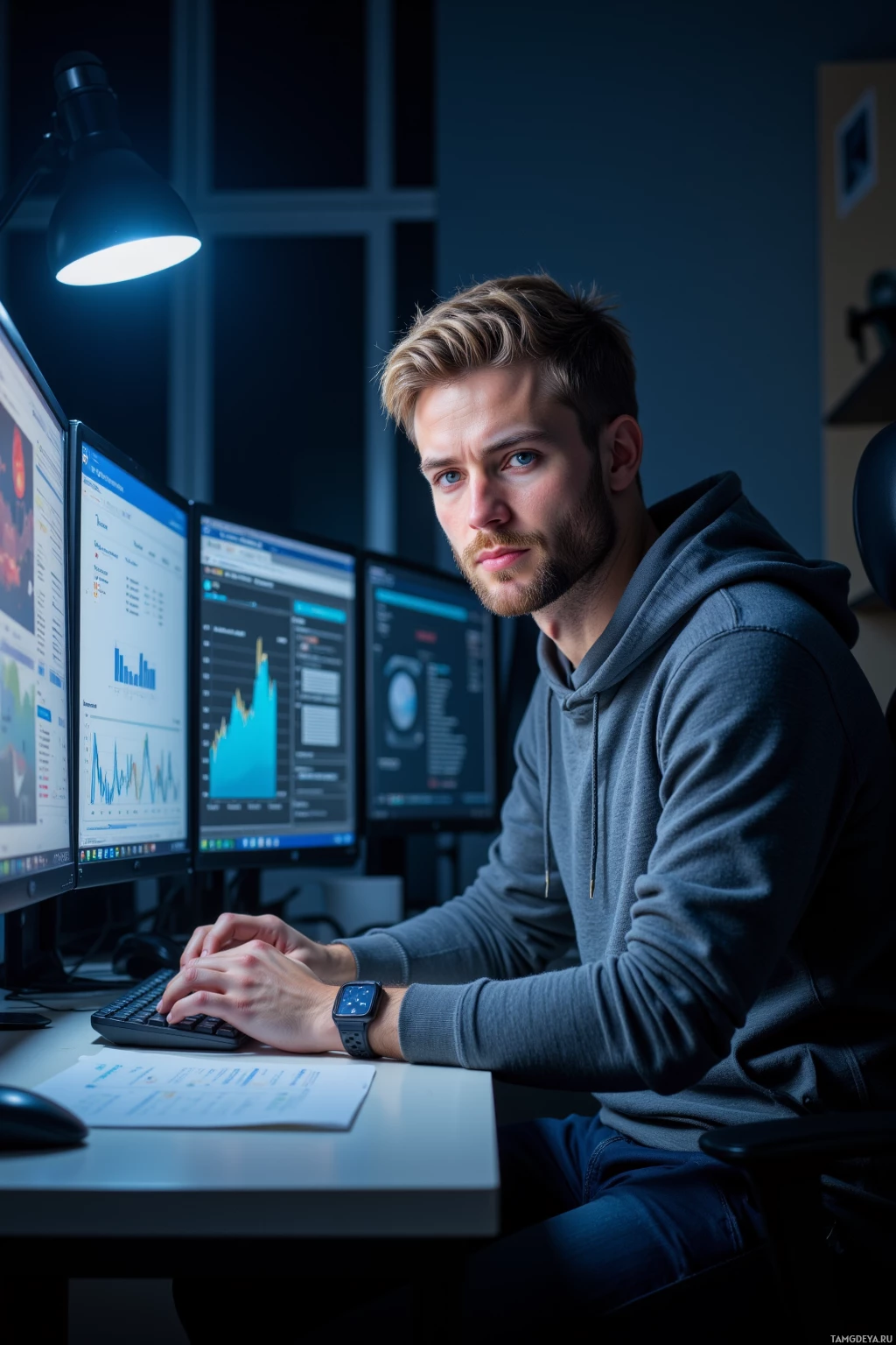 Человек сидит за столом, уставленным несколькими мониторами с графиками и данными, освещенный настольной лампой.