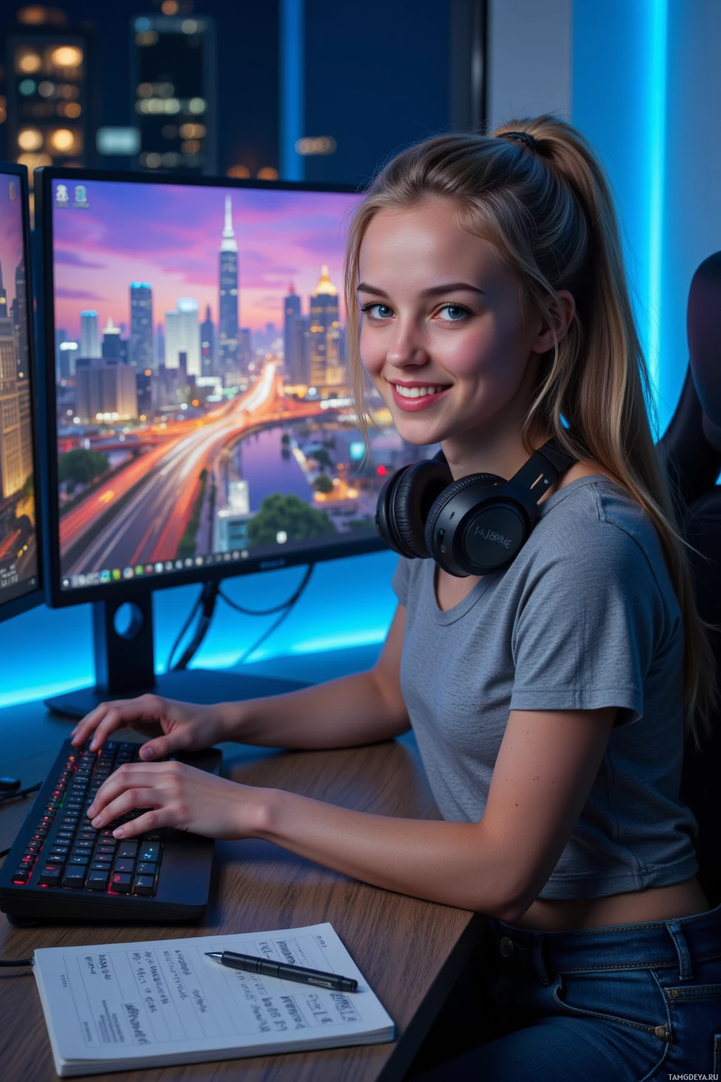 Человек сидит за столом с компьютером, в наушниках и улыбается.