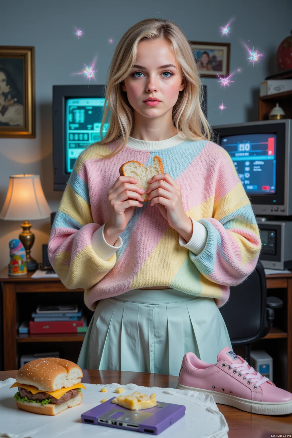 Realistic high quality photo. A 23‑year‑old blonde woman with blue eyes wearing a pastel oversized sweater, pleated miniskirt, and chunky platform sneakers, standing in a cluttered sci‑fi living room with a flickering CRT monitor and holographic ghost‑like pixel spirits swirling around, holding a floppy disk while a half‑chewed sandwich on a table morphs into a metallic glitch, her expression exuberant and slightly chaotic.