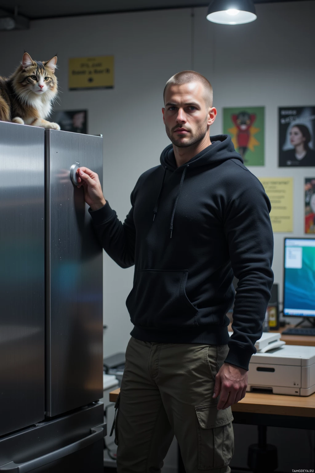 Realistic high quality photo. Strong male, 29, buzz cut, blue eyes, fair skin, wearing a black hoodie and cargo pants, standing in a modern office at late afternoon, locking a stainless steel fridge, double‑checking a white office printer, while a fluffy cat sits on the computer keyboard, with a flickering overhead light casting a subdued glow.