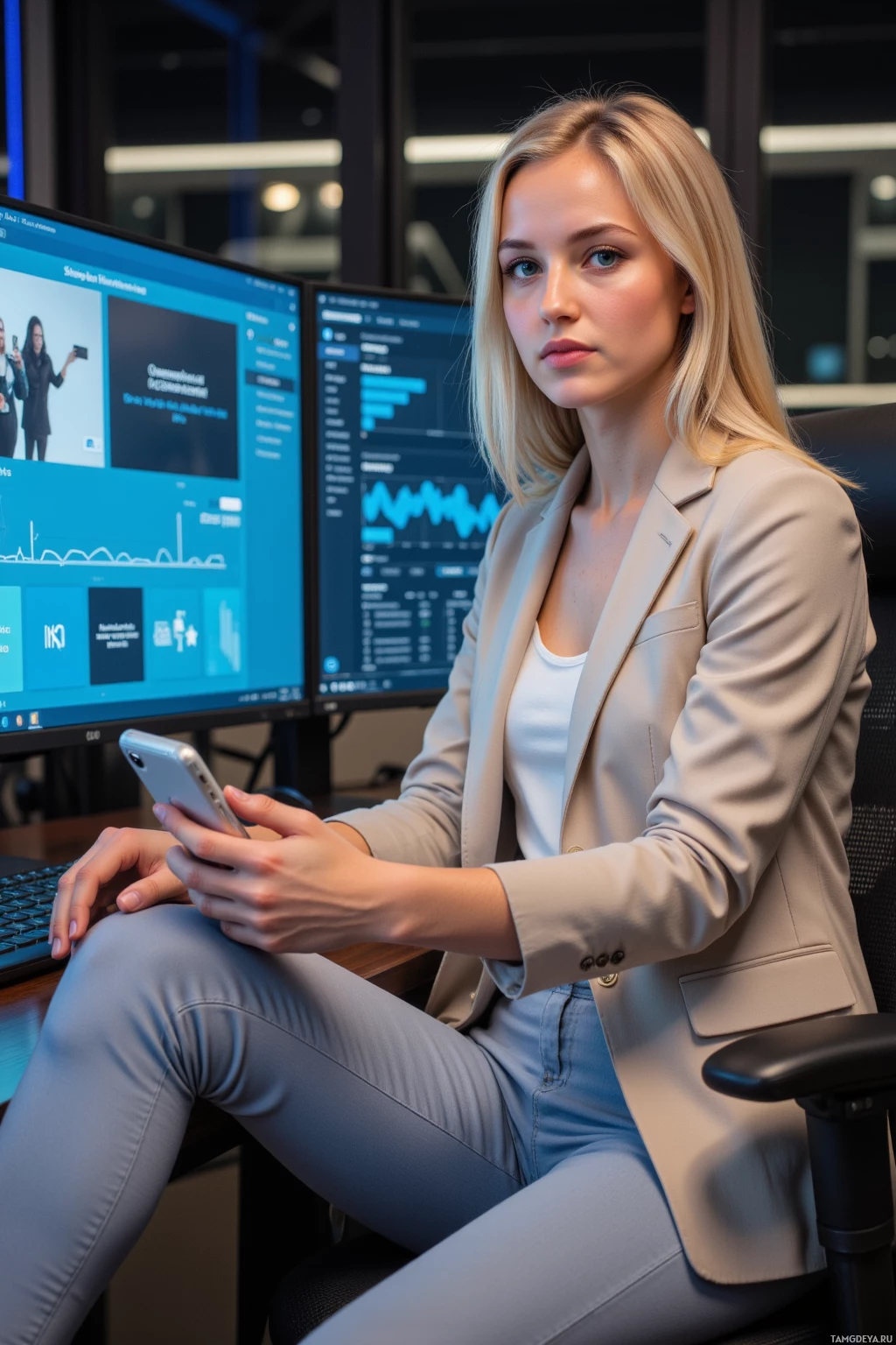 Женщина в деловой обстановке сидит за столом, держа в руках смартфон, на заднем плане видны несколько компьютерных мониторов с данными и графиками.