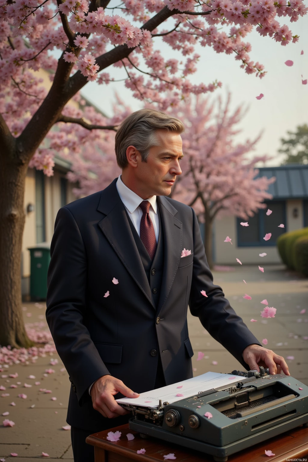 Realistic high quality photo. A 38‑year‑old man with light brown graying hair, blue eyes, wearing a sharply tailored dark suit and tie, standing on a quiet film set backlot in late afternoon, watching cherry blossom petals fall like confetti onto a prop table with an antique typewriter, rehearsing a line with a subtle, skeptical smile.