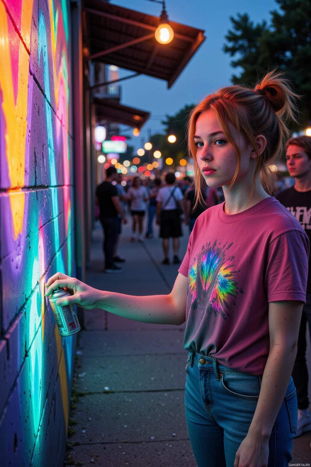 Realistic high quality photo. Young woman with messy fiery red hair, green eyes, freckled skin, wearing a vibrant t‑shirt and jeans, spray painting holographic neon strokes on a brick wall at midnight, sneakers squeaking on a sidewalk, an excited crowd watching, the scene glowing with bright colors.