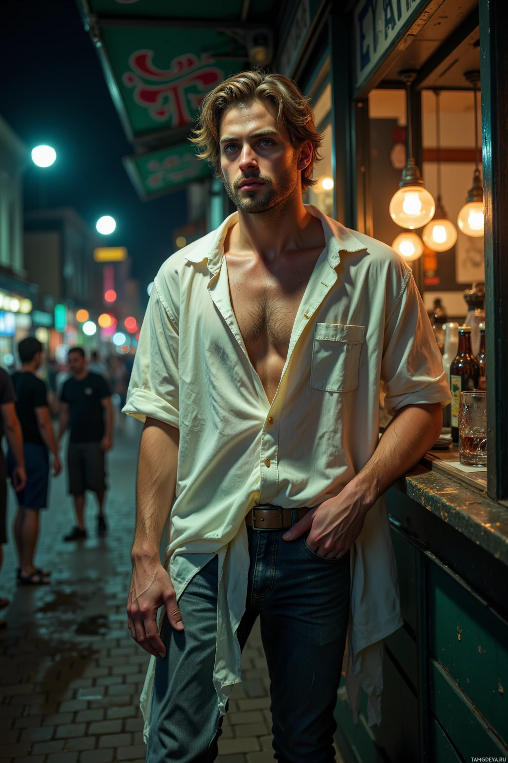 Realistic high quality photo. Male, 24, messy light brown hair, bright blue eyes, pale skin with faint green undertones, wearing a translucent coffin costume over a torn white shirt and worn black jeans, standing on a dimly lit coffee shop counter at night, surrounded by a startled crowd, a pigeon staring at him, flickering streetlights above casting VHS‑style static shadows.