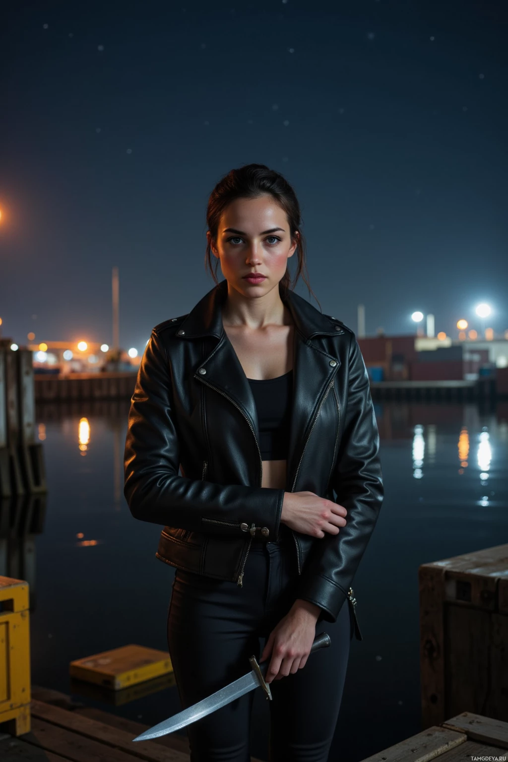Realistic high quality photo. A silent, razor‑focused woman with sleek black hair in a tight ponytail, piercing blue eyes, pale complexion, athletic build, clad in a black leather jacket, tank top, high‑waisted pants, and sturdy boots, stands on a dimly lit dockside at night holding a gleaming blade, her posture rigid amid industrial crates and distant star‑like city lights.