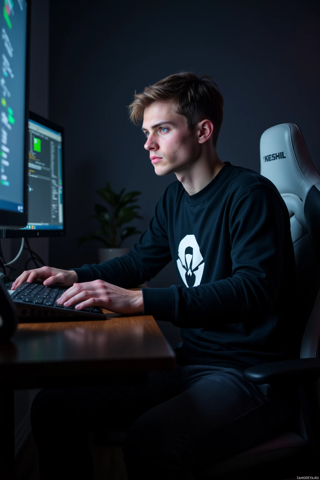Realistic high quality photo. A 22‑year‑old man with short light brown hair, blue eyes, pale skin wearing a black gaming jersey with white logo and dark gray pants sits late at his dimly lit home office desk, intensely focused on a computer screen where a green checkmark flashes as he debugs macro code, his expression sharp and slightly sarcastic.