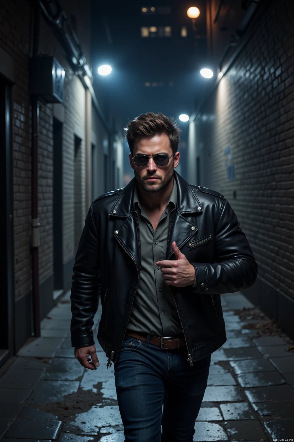 Realistic high quality photo. A confident 36‑year‑old man with short dark brown hair, striking blue eyes, aviator sunglasses and a sleek leather jacket strides out of a midnight maze‑like alley, dim streetlights casting a subtle glow on the concrete as his swagger exudes urban strategy and effortless style.