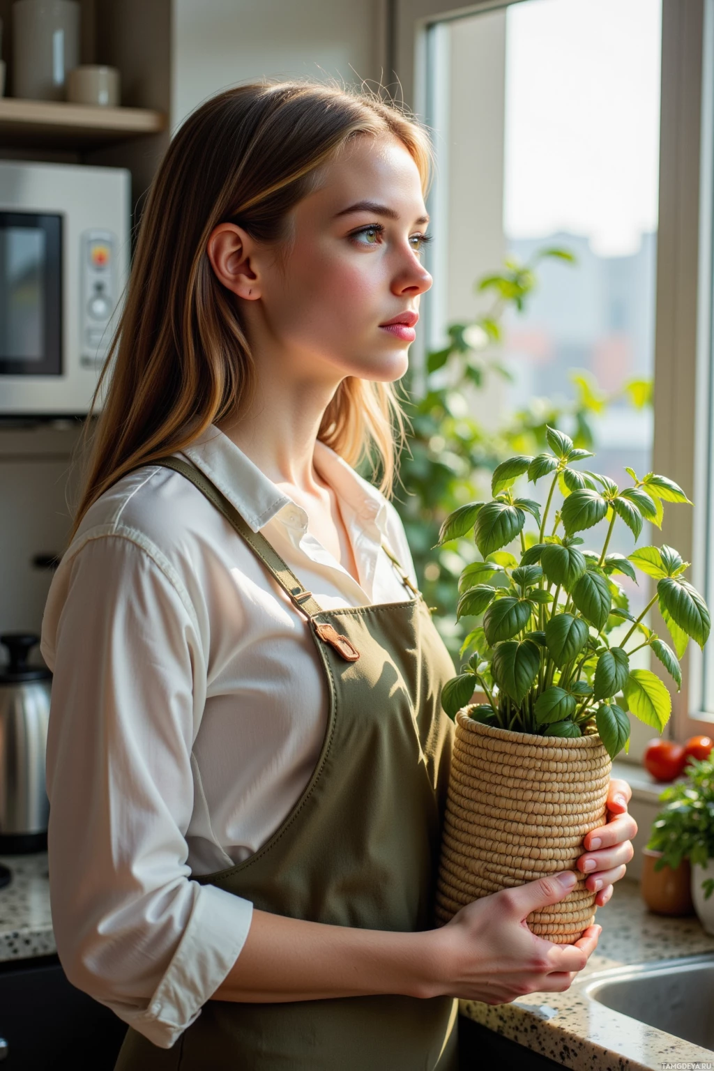 Женщина в фартуке держит в руках комнатное растение на кухне.