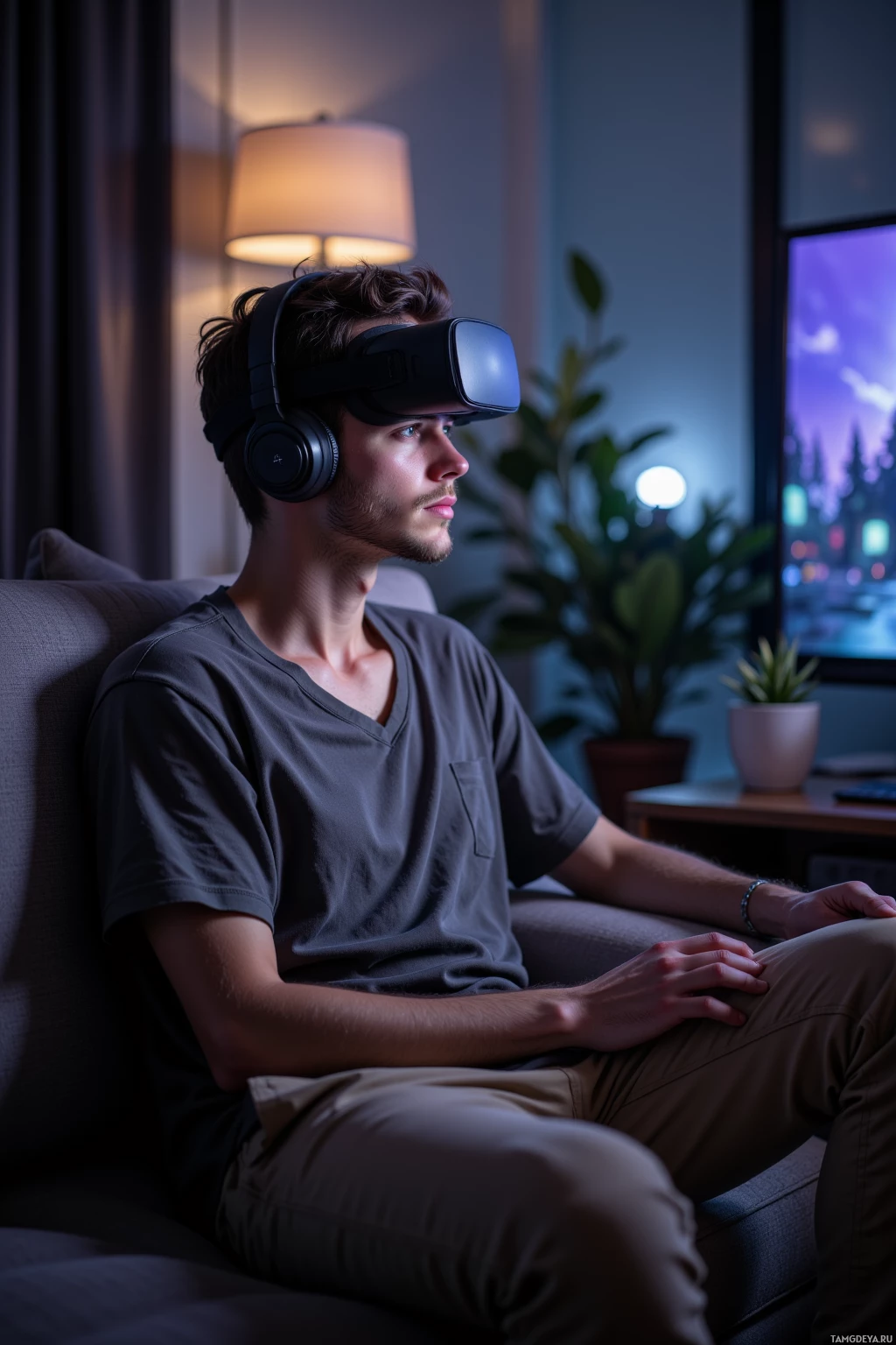 Человек в VR-шлеме сидит на диване в полумраке комнаты.