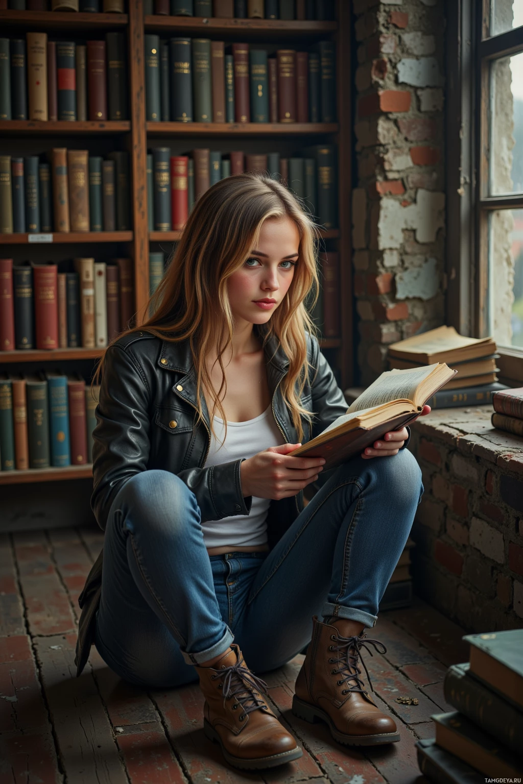 Молодая женщина сидит на полу в библиотеке и читает книгу.