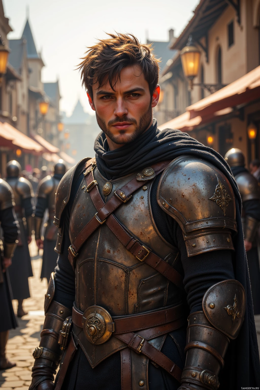 Realistic high quality photo. Brooding male warrior with messy dark hair, warm golden skin, rugged features, piercing brown eyes, wearing worn leather armor with intricate buckles and a cloak draped like nightfall, stands in a bustling medieval market square at dawn, nodding silently to a trembling bard playing lute, while patrol guards watch and his grin is half mockery, half pride, with sunlight filtering through stalls.