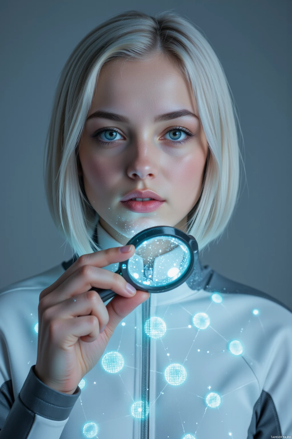 Realistic high quality photo. 26‑year‑old pale‑skinned female with sleek silver bob haircut and sharp blue eyes, wearing a minimalist white and gray high‑collar jumpsuit with subtle holographic accents, holds a magnifying lens over a floating digital interface of glowing pixels arranged like conversation stars in a sleek sci‑fi design studio at twilight.