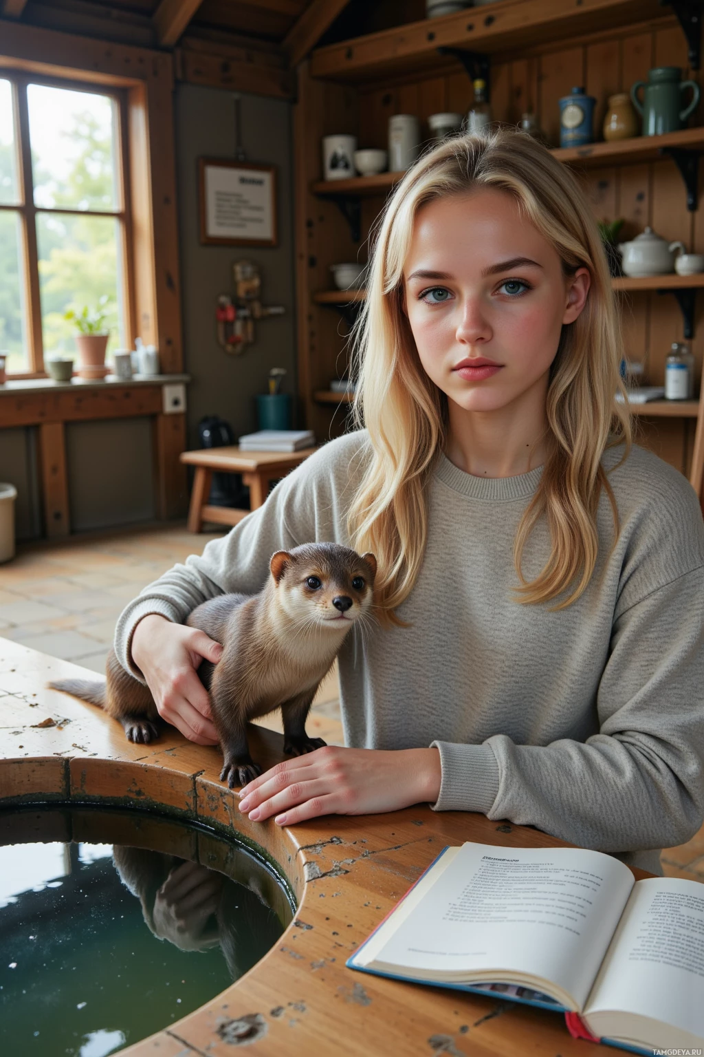 Realistic high quality photo. A young woman in her early twenties with blonde hair, bright blue eyes, fair skin, wearing a soft sweater and loose pants, calmly tends to a bruised otter beside a small pond inside a rustic wildlife rescue center, scattered medical notes on a wooden table, the otter playfully shuffling around her amid afternoon sunlight filtering through trees.