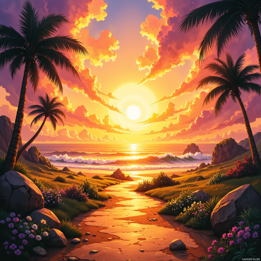 Semi-abstract image with many empty light space at center of beautiful background, that is suitable for the post:  Sunset drips gold onto my path, and every heartbeat syncs with the distant ocean's sigh.