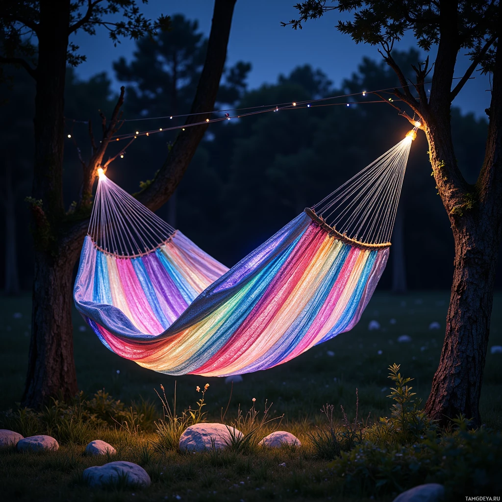 Semi-abstract image with many light, that is suitable for the post:  Solar‑powered hammock woven from iridescent bioluminescent fiber that shifts color with the angle of light, resting on a sleek recycled bamboo frame embedded with small solar panels emitting a soft warm glow.