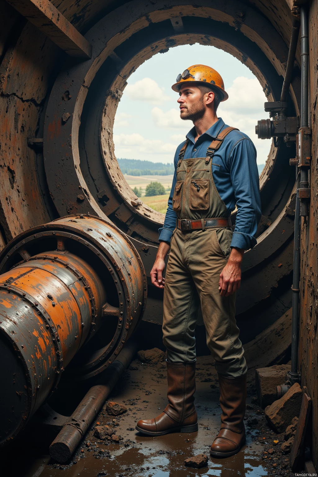 Realistic high quality photo. A 38‑year‑old man with short blonde hair and blue eyes, wearing a worn work helmet, dusty overalls, and sturdy boots, stands in a mine tunnel beside a humming conveyor belt, inspecting an old drill while gazing through a ventilation shaft at distant pasture during the morning shift.