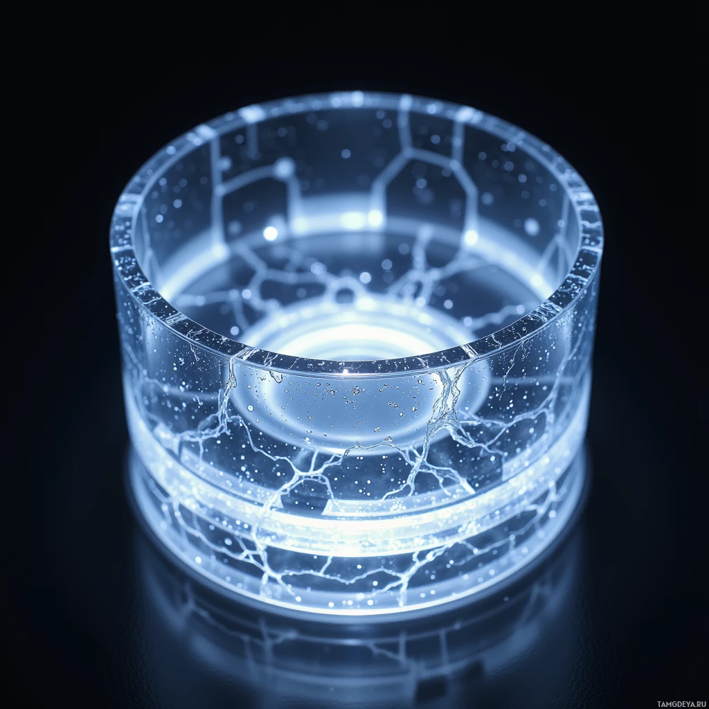 Semi-abstract image with many light, that is suitable for the post:  A sleek translucent cylindrical microfluidic chip with etched fractal patterns along its edges, a lattice of graphene channels inside, and a subtle integrated microactuator for precise channel width adjustment, glowing faintly in a high‑tech, minimalist style.