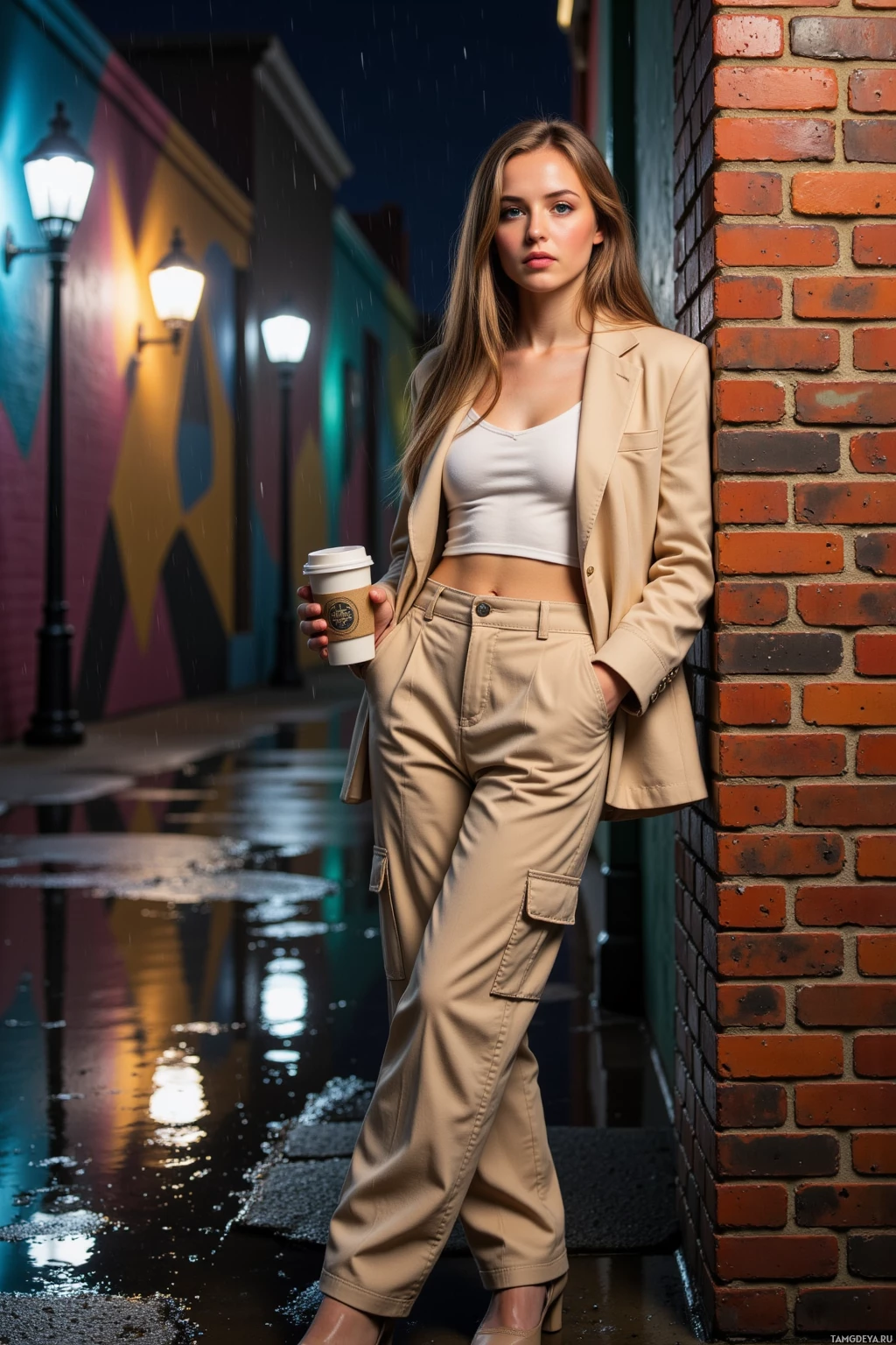Realistic high quality photo. Rain-soaked night alley with vivid painted walls reflecting glistening puddles, woman 26 years old with long light brown hair, blue eyes and pale skin, wearing an oversized beige blazer over a white crop top, high‑waisted cargo pants and chunky beige boots, clutching a designer coffee cup in her pocket beside a brick pillar.