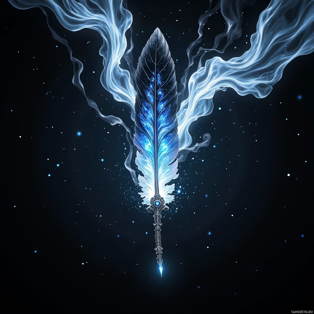 Semi-abstract image with many light, that is suitable for the post:  Feathered quill bound in black obsidian and silvery moonstone, with luminous liquid‑starlight ink swirling around its runic nib that emits a subtle glowing halo, intricate silver filigree accents.