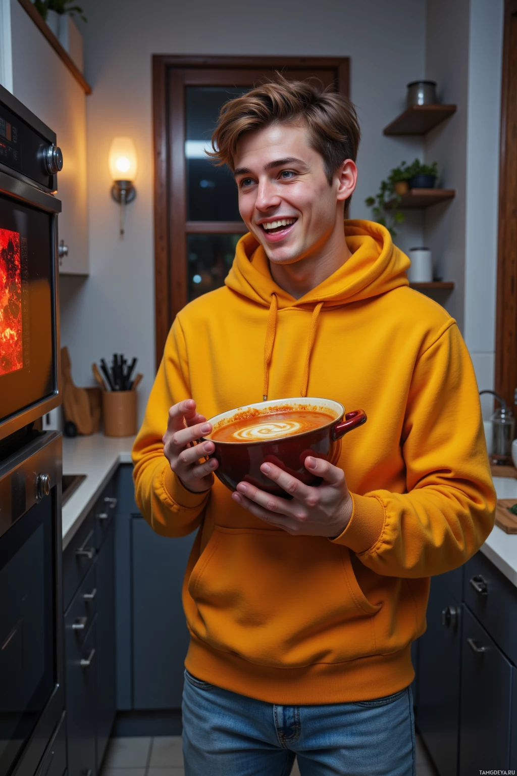 Realistic high quality photo. A 21‑year‑old man with messy brown hair, blue eyes, wearing a bright yellow hoodie and light blue jeans, standing in a modern kitchen at twilight, holding a pot of burnt soup in front of a microwave with a red error light, looking puzzled and laughing with subtle glitchy digital distortions around him.
