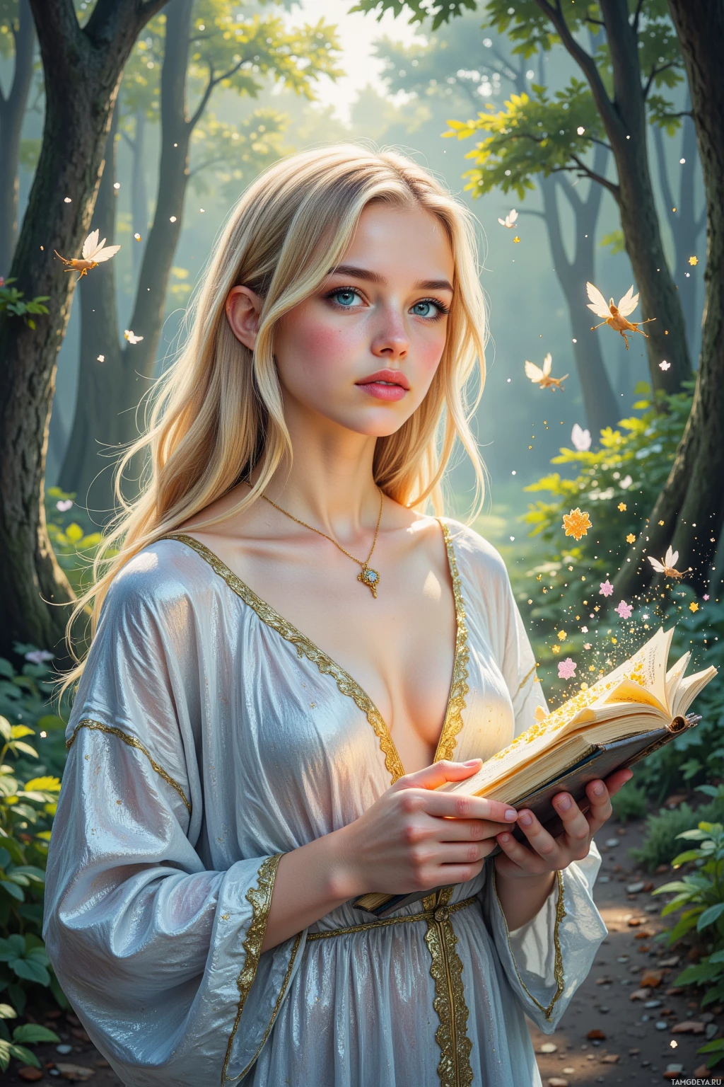 Женщина в струящемся платье держит раскрытую книгу на фоне леса, среди порхающих бабочек.