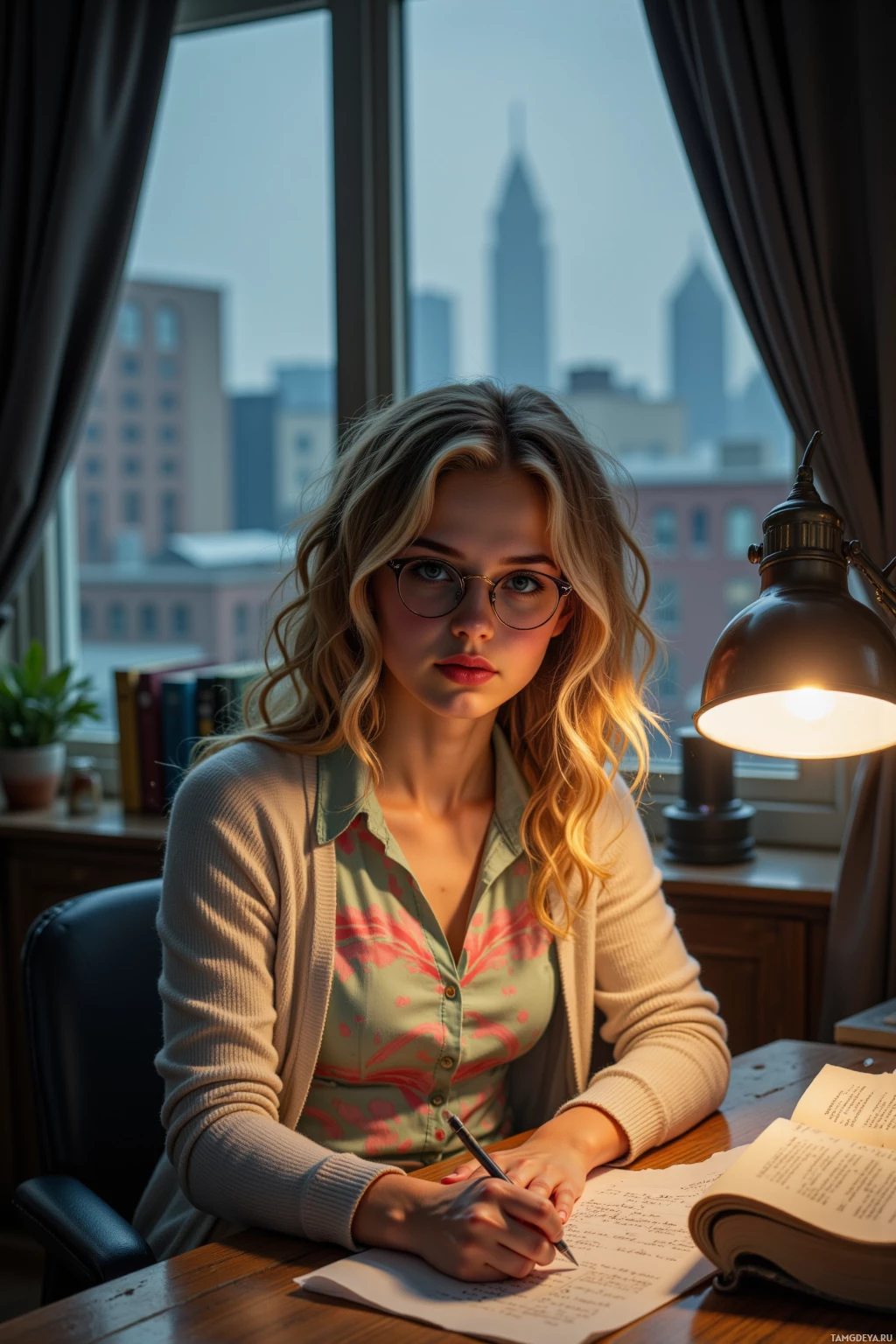 Женщина сидит за столом и что-то записывает в блокнот, за окном виден городской пейзаж.