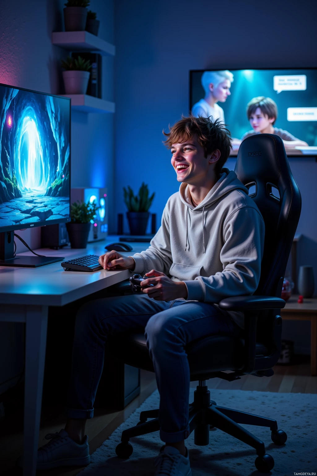Молодой человек сидит в игровом кресле и улыбается, играя в компьютерную игру.