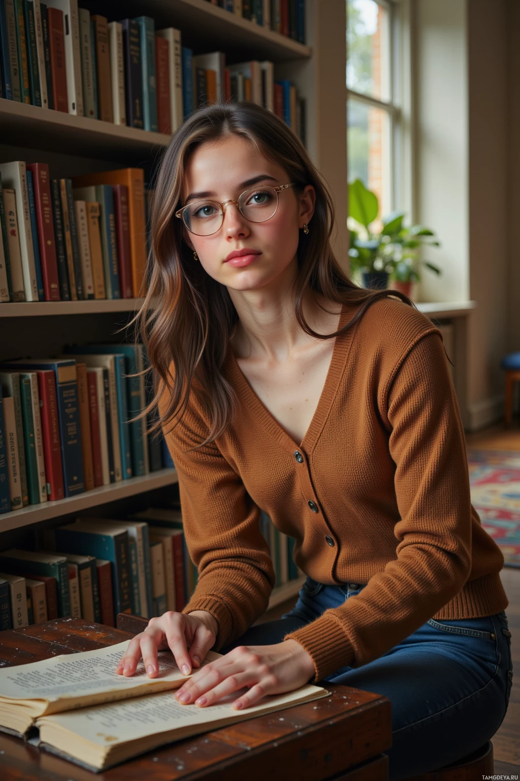 Человек в очках и коричневом свитере сидит за столом с раскрытой книгой, вокруг – книжные полки.