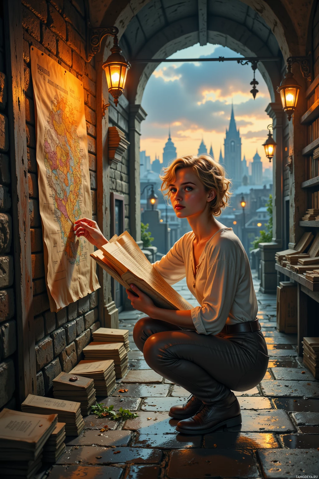Женщина присела у стены, читая книгу, рядом — карта и стопки бумаг.