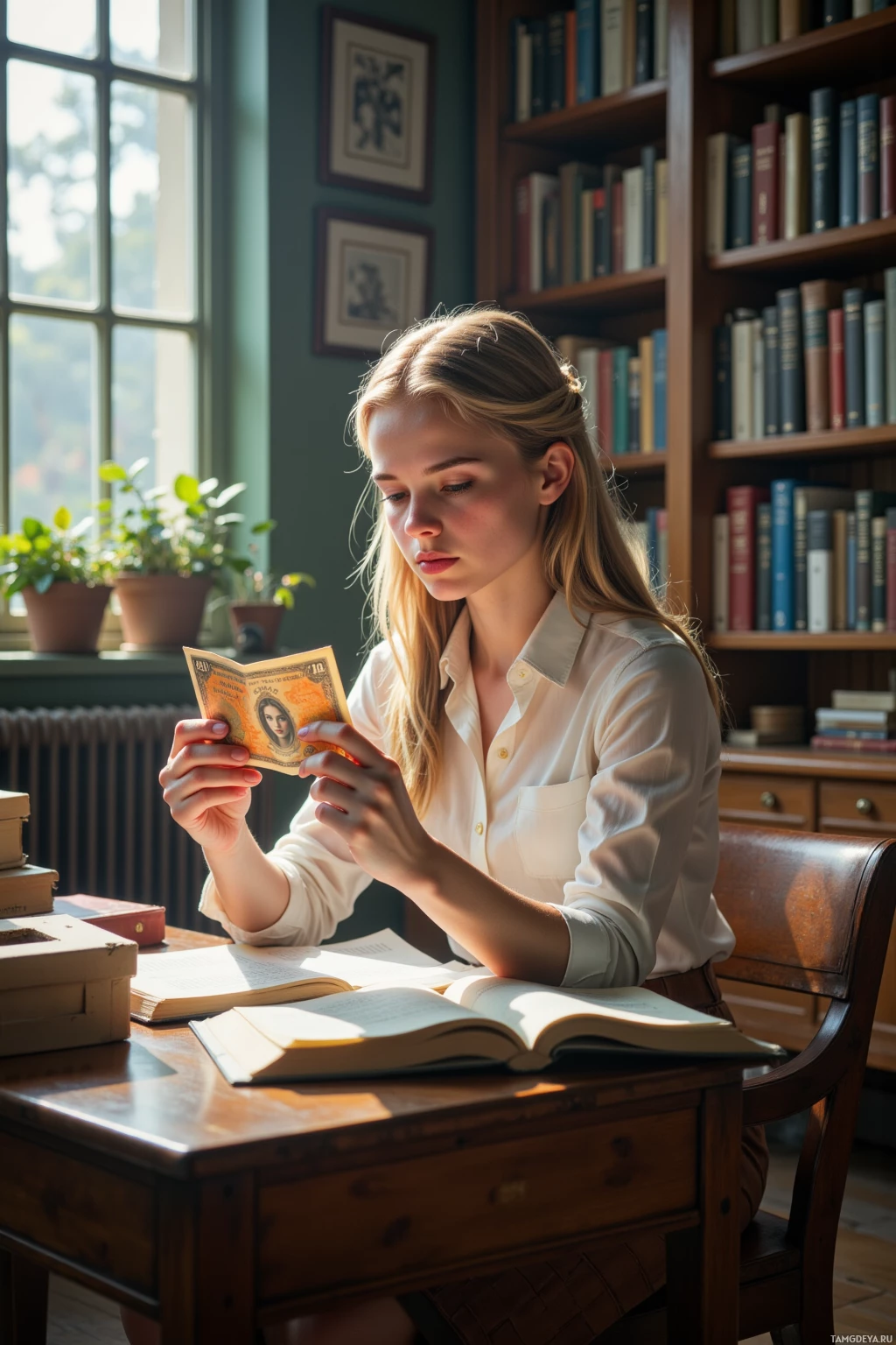 В библиотеке женщина читает книгу, залитую солнечным светом.