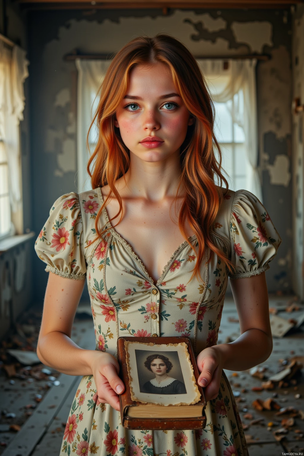 Молодая женщина в цветочном платье держит старую фотографию на фоне деревенского пейзажа.