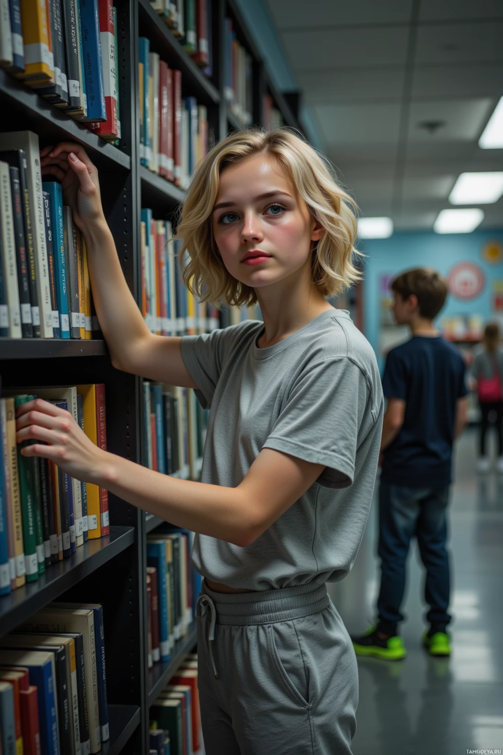 Молодой человек, прислонившись к книжной полке, в библиотеке.