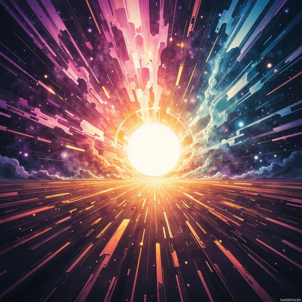 Яркая космическая сцена с сияющим центральным источником света, от которого расходятся лучи, и звездным фоном.
