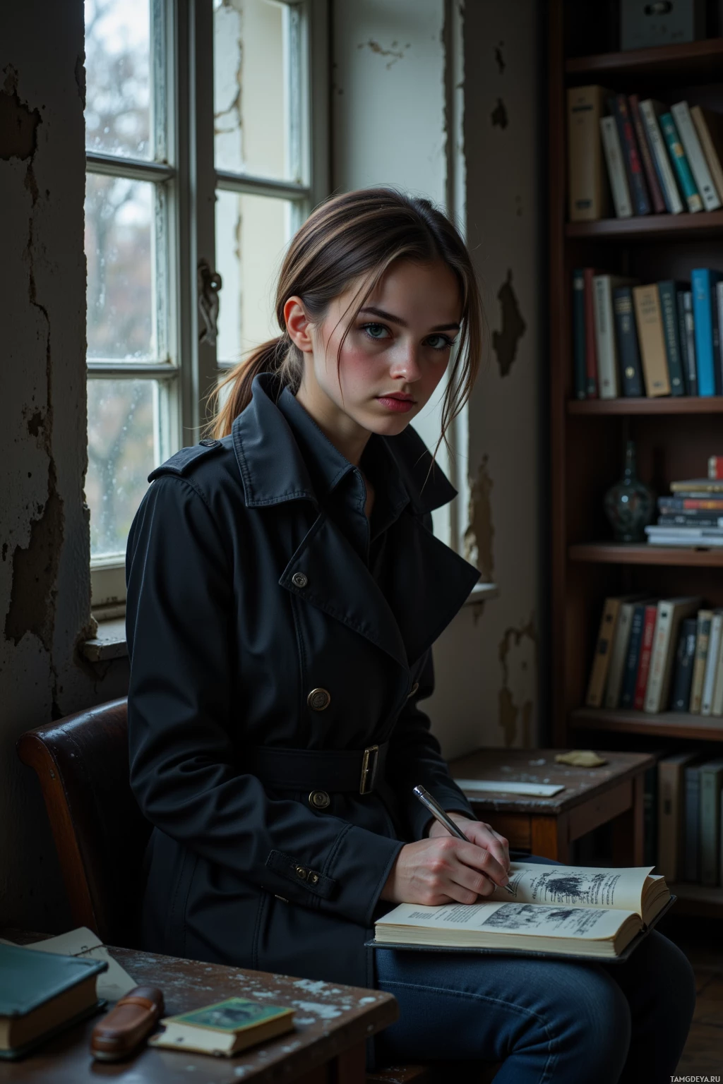 Человек в черном пальто сидит за столом и пишет ручкой в книге.